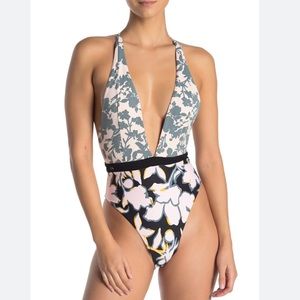 NEW maaji large one piece swimsuit floral print pink deep v neckline reversible